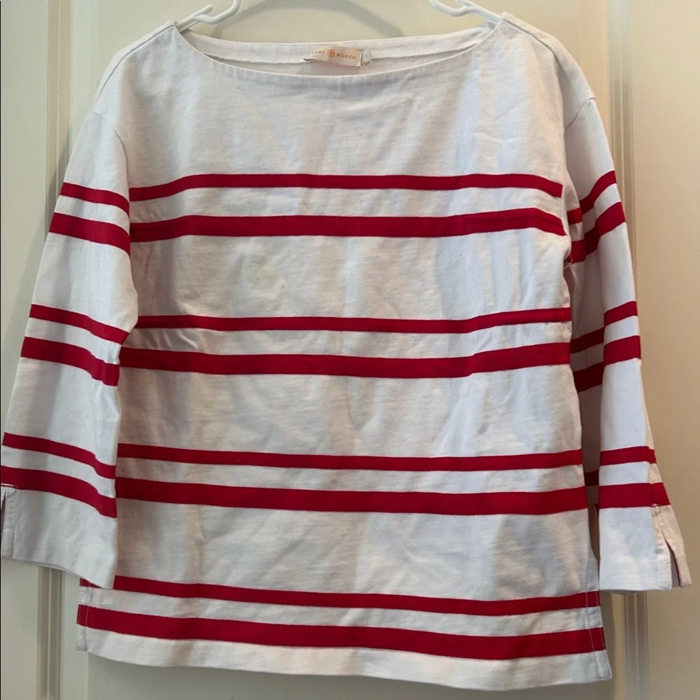 Tory Burch White & Red ribbon Striped “Kendall” boat neck 3/4 sleeves top size M